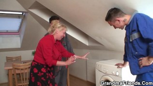 two repairmen fuck busty granny till huge load