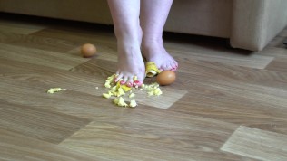 Fat legs bare feet mercilessly trampled banana and raw eggs. Crush Fetish.