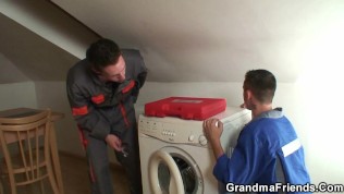 Two young guys fucked an old lustful bitch